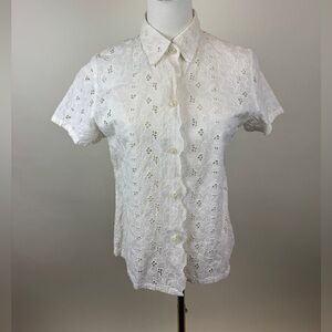 Vintage White Eyelet Lace Button-Up Short Sleeved with Rhinestone Buttons